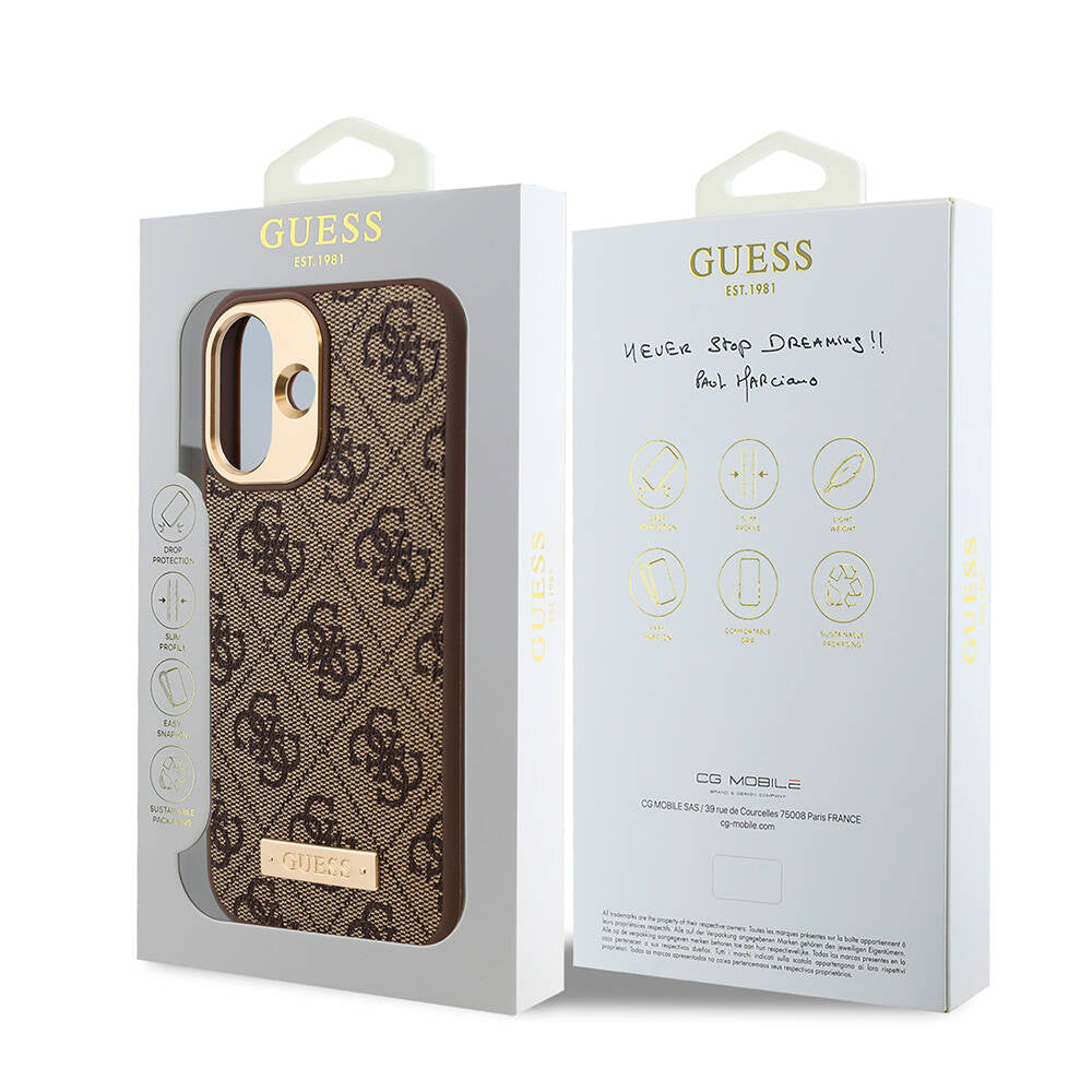 iPhone 16 Kılıf Guess Orjinal Lisanslı M-safe Şarj Özellikli PU 4G Desenli Metal Plaka Klasik Logolu Kapak