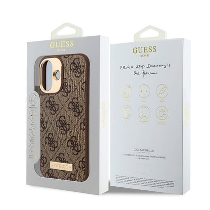 iPhone 16 Kılıf Guess Orjinal Lisanslı M-safe Şarj Özellikli PU 4G Desenli Metal Plaka Klasik Logolu Kapak