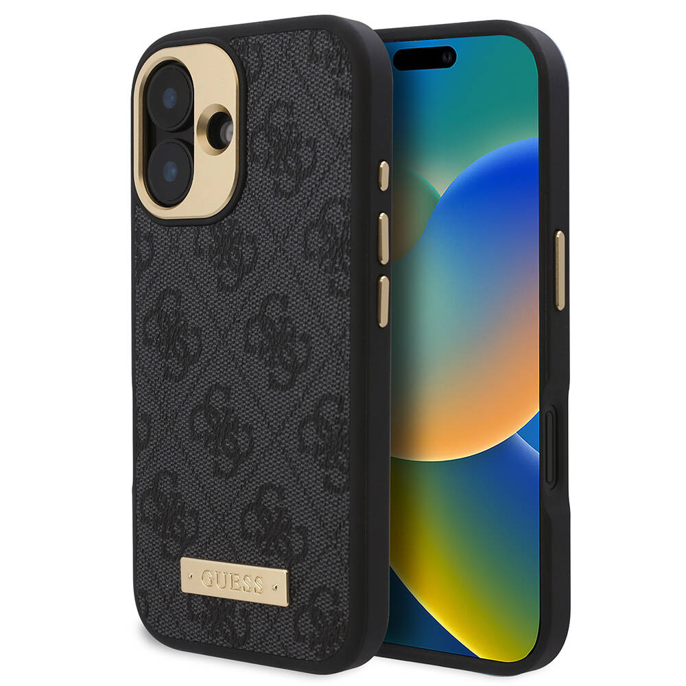 iPhone 16 Kılıf Guess Orjinal Lisanslı M-safe Şarj Özellikli PU 4G Desenli Metal Plaka Klasik Logolu Kapak