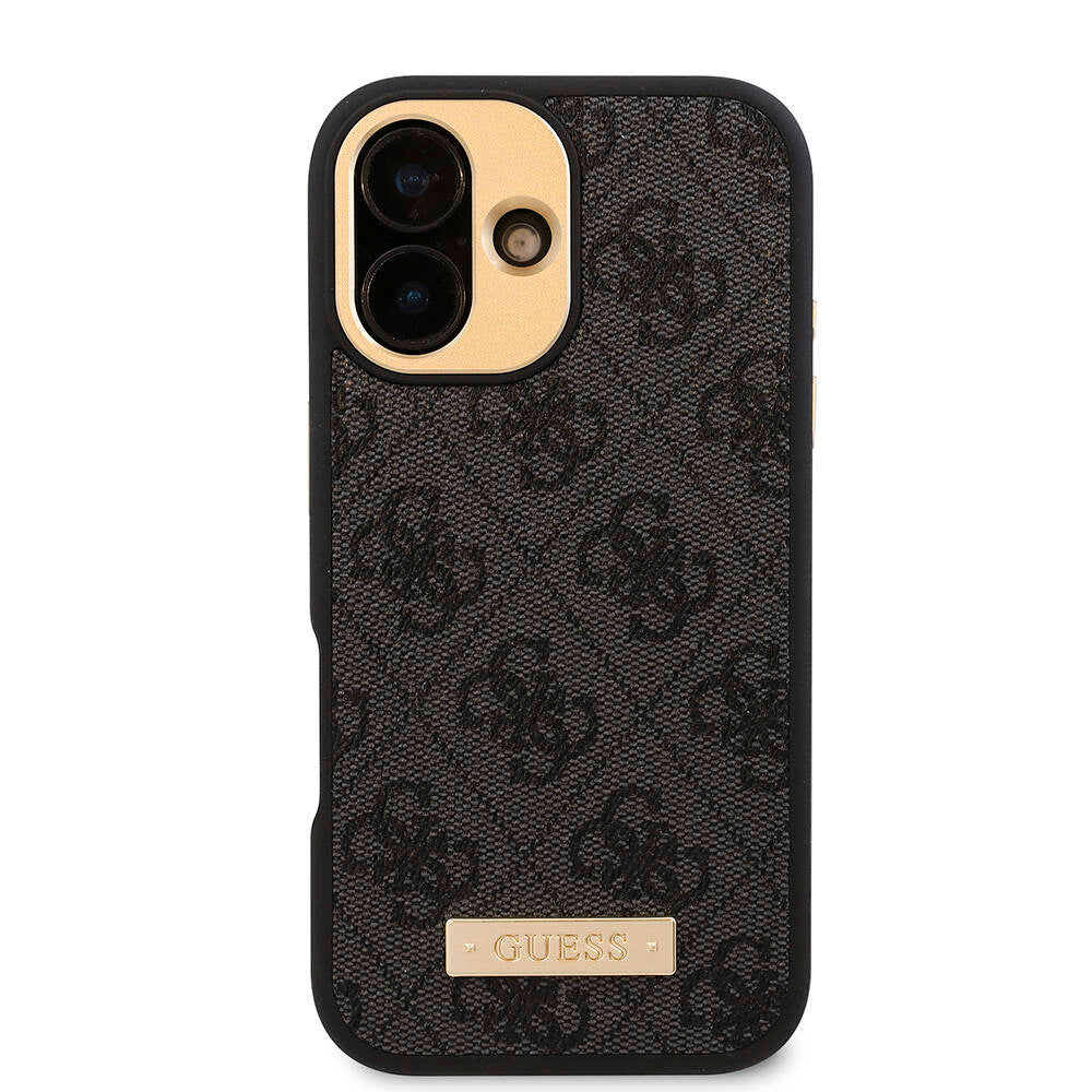 iPhone 16 Kılıf Guess Orjinal Lisanslı M-safe Şarj Özellikli PU 4G Desenli Metal Plaka Klasik Logolu Kapak