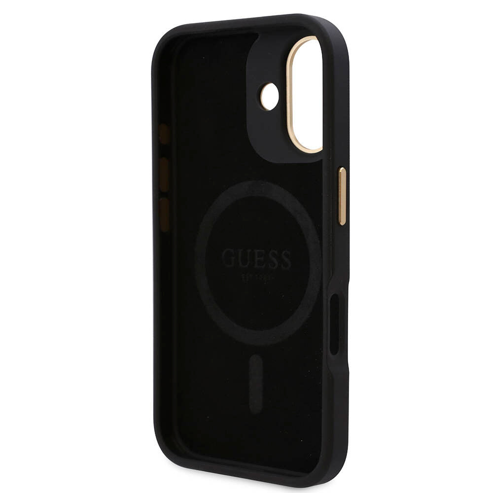 iPhone 16 Kılıf Guess Orjinal Lisanslı M-safe Şarj Özellikli PU 4G Desenli Metal Plaka Klasik Logolu Kapak