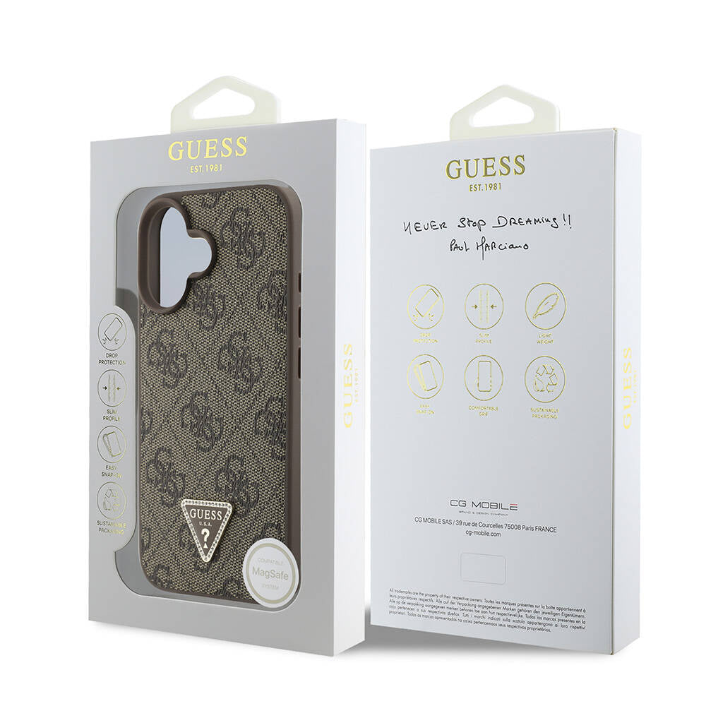 iPhone 16 Kılıf Guess Orjinal Lisanslı M-safe Şarj Özellikli PU Deri 4G Desenli Taşlı Üçgen Logolu Kapak