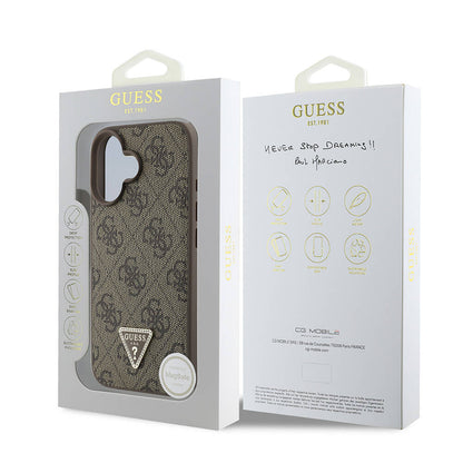 iPhone 16 Kılıf Guess Orjinal Lisanslı M-safe Şarj Özellikli PU Deri 4G Desenli Taşlı Üçgen Logolu Kapak