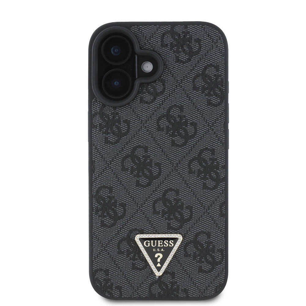 iPhone 16 Kılıf Guess Orjinal Lisanslı M-safe Şarj Özellikli PU Deri 4G Desenli Taşlı Üçgen Logolu Kapak