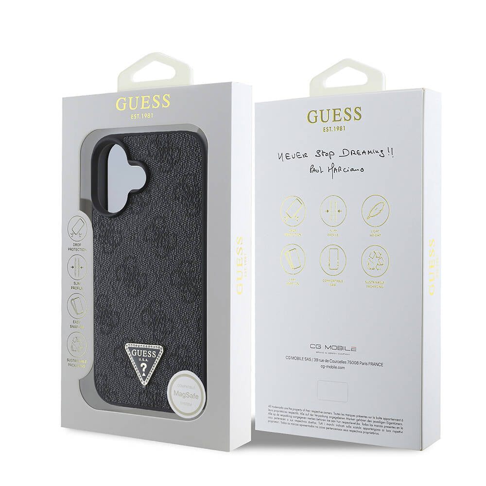 iPhone 16 Kılıf Guess Orjinal Lisanslı M-safe Şarj Özellikli PU Deri 4G Desenli Taşlı Üçgen Logolu Kapak