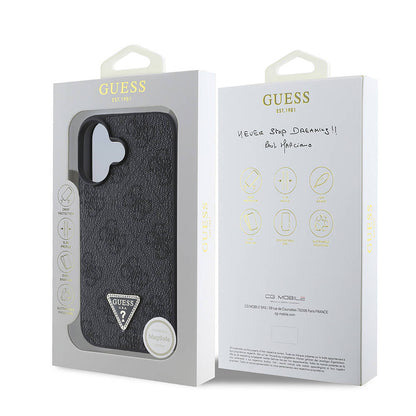 iPhone 16 Kılıf Guess Orjinal Lisanslı M-safe Şarj Özellikli PU Deri 4G Desenli Taşlı Üçgen Logolu Kapak