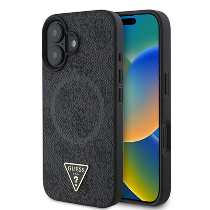 iPhone 16 Kılıf Guess Orjinal Lisanslı M-safe Şarj Özellikli PU Üçgen Logo 4G Desenli Kapak