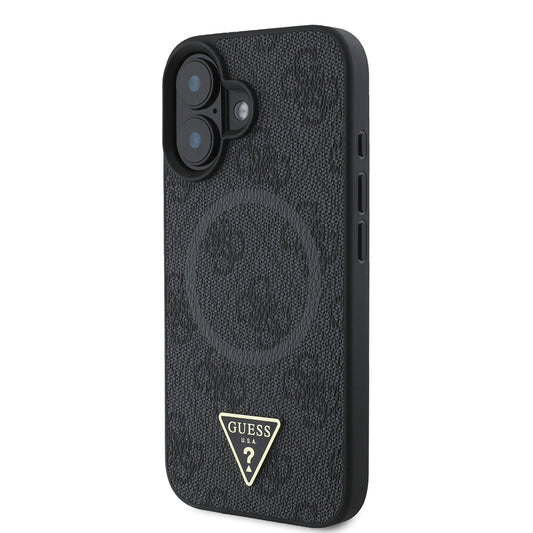 iPhone 16 Kılıf Guess Orjinal Lisanslı M-safe Şarj Özellikli PU Üçgen Logo 4G Desenli Kapak