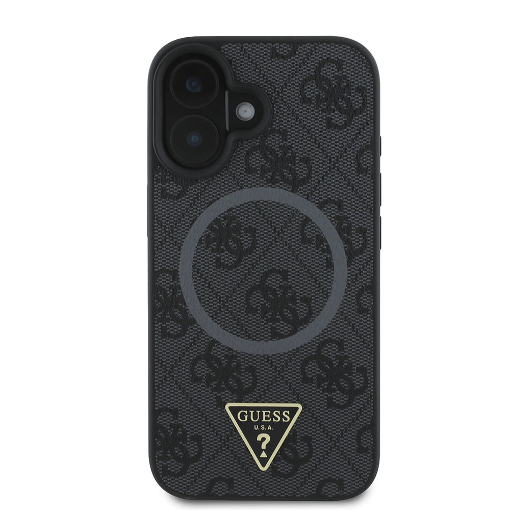 iPhone 16 Kılıf Guess Orjinal Lisanslı M-safe Şarj Özellikli PU Üçgen Logo 4G Desenli Kapak