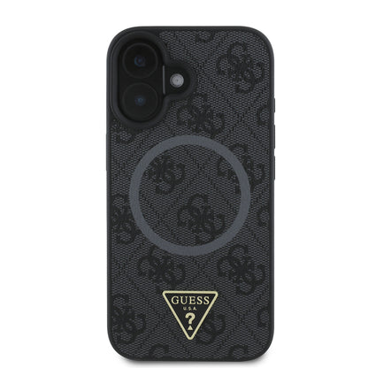 iPhone 16 Kılıf Guess Orjinal Lisanslı M-safe Şarj Özellikli PU Üçgen Logo 4G Desenli Kapak