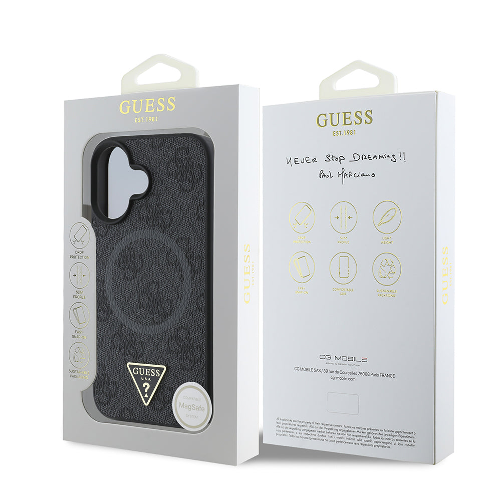iPhone 16 Kılıf Guess Orjinal Lisanslı M-safe Şarj Özellikli PU Üçgen Logo 4G Desenli Kapak