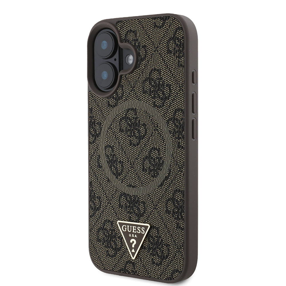 iPhone 16 Kılıf Guess Orjinal Lisanslı M-safe Şarj Özellikli PU Üçgen Logo 4G Desenli Kapak