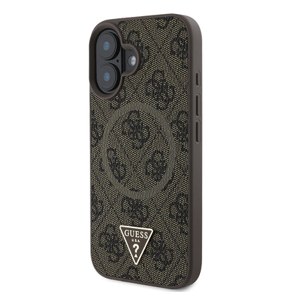iPhone 16 Kılıf Guess Orjinal Lisanslı M-safe Şarj Özellikli PU Üçgen Logo 4G Desenli Kapak