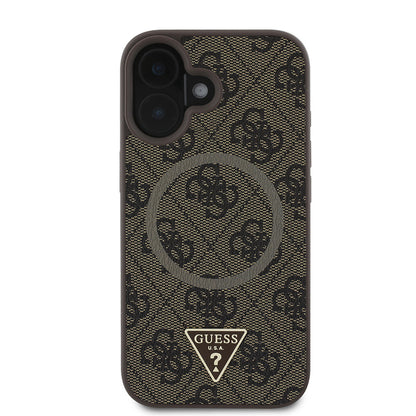 iPhone 16 Kılıf Guess Orjinal Lisanslı M-safe Şarj Özellikli PU Üçgen Logo 4G Desenli Kapak