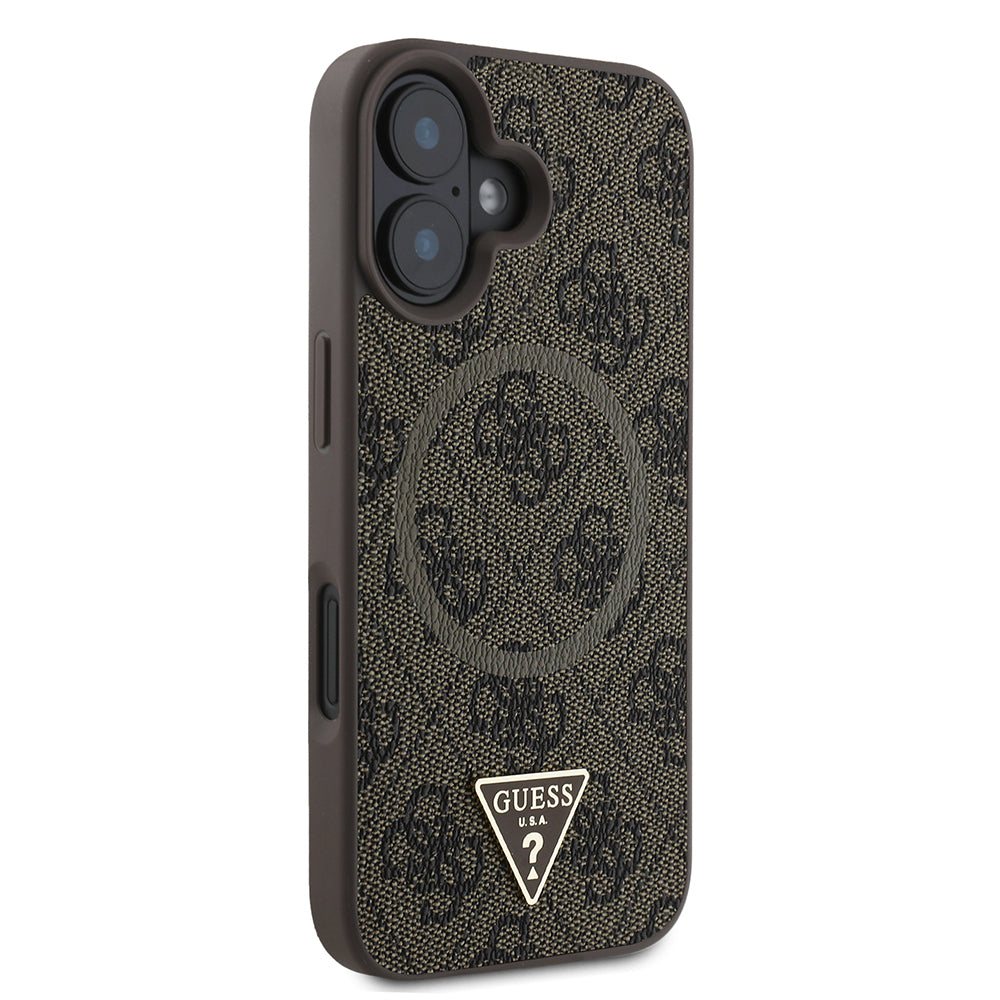 iPhone 16 Kılıf Guess Orjinal Lisanslı M-safe Şarj Özellikli PU Üçgen Logo 4G Desenli Kapak