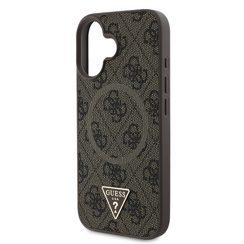 iPhone 16 Kılıf Guess Orjinal Lisanslı M-safe Şarj Özellikli PU Üçgen Logo 4G Desenli Kapak