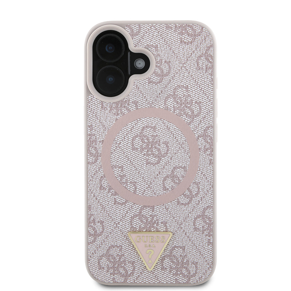iPhone 16 Kılıf Guess Orjinal Lisanslı M-safe Şarj Özellikli PU Üçgen Logo 4G Desenli Kapak
