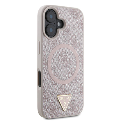 iPhone 16 Kılıf Guess Orjinal Lisanslı M-safe Şarj Özellikli PU Üçgen Logo 4G Desenli Kapak