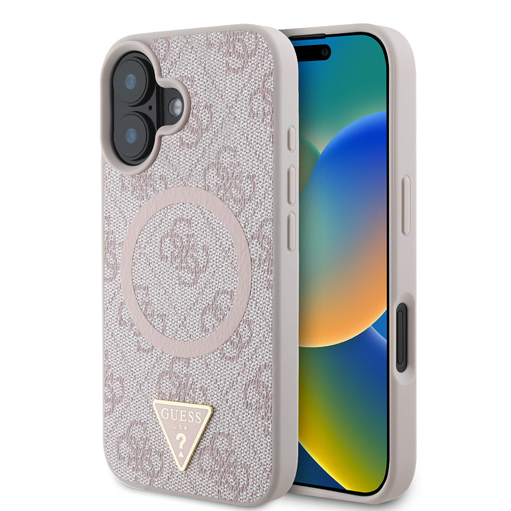 iPhone 16 Kılıf Guess Orjinal Lisanslı M-safe Şarj Özellikli PU Üçgen Logo 4G Desenli Kapak