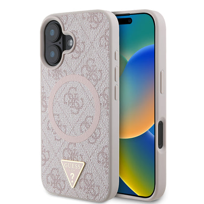 iPhone 16 Kılıf Guess Orjinal Lisanslı M-safe Şarj Özellikli PU Üçgen Logo 4G Desenli Kapak