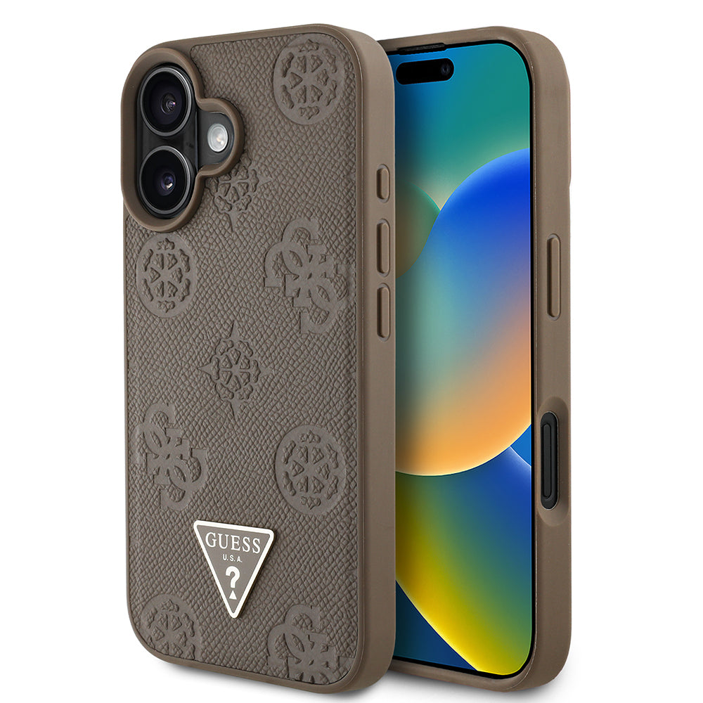 iPhone 16 Kılıf Guess Orjinal Lisanslı M-safe Şarj Özellikli Sıcak Baskılı Üçgen Logolu PU Deri Peony Kapak