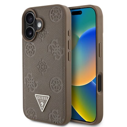 iPhone 16 Kılıf Guess Orjinal Lisanslı M-safe Şarj Özellikli Sıcak Baskılı Üçgen Logolu PU Deri Peony Kapak