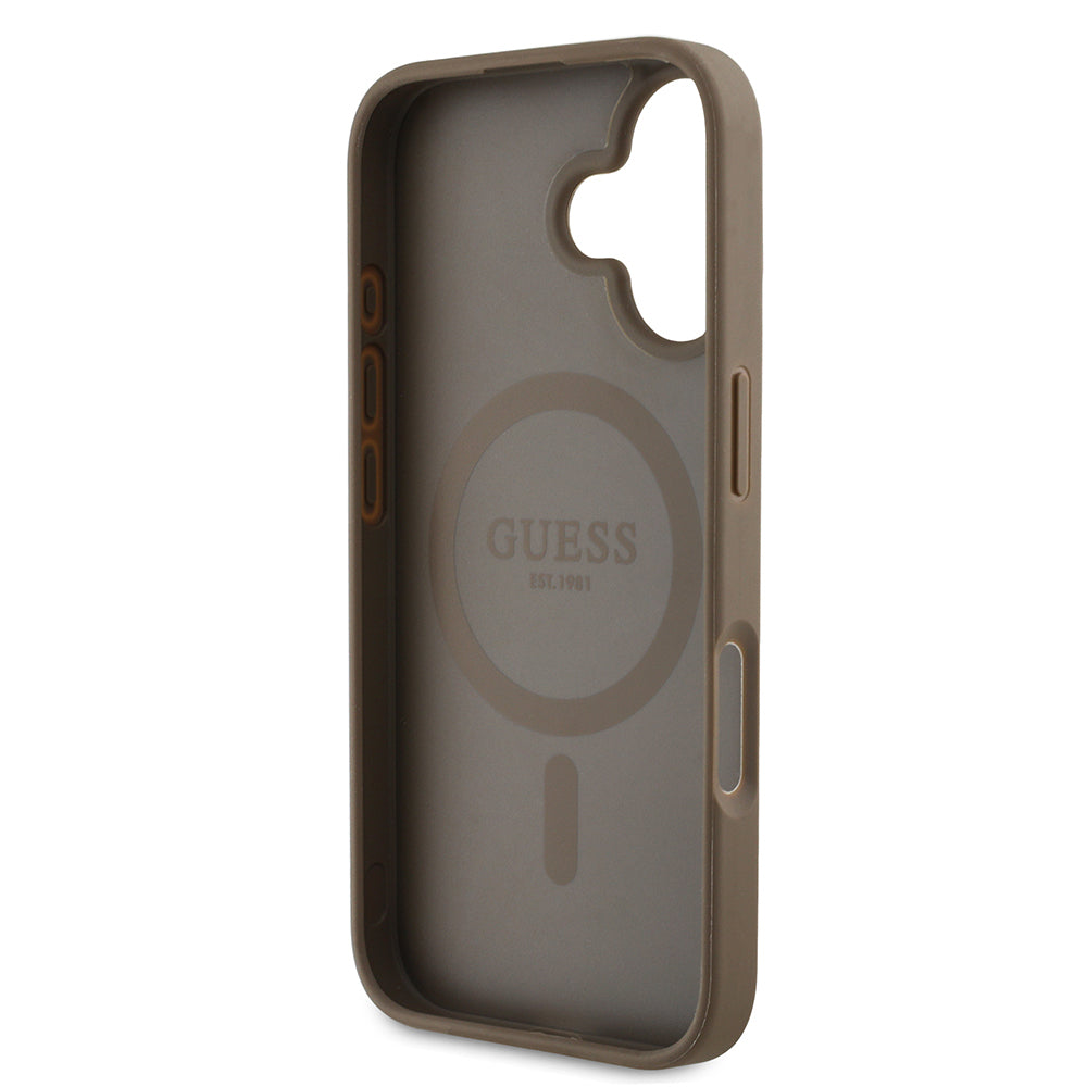 iPhone 16 Kılıf Guess Orjinal Lisanslı M-safe Şarj Özellikli Sıcak Baskılı Üçgen Logolu PU Deri Peony Kapak