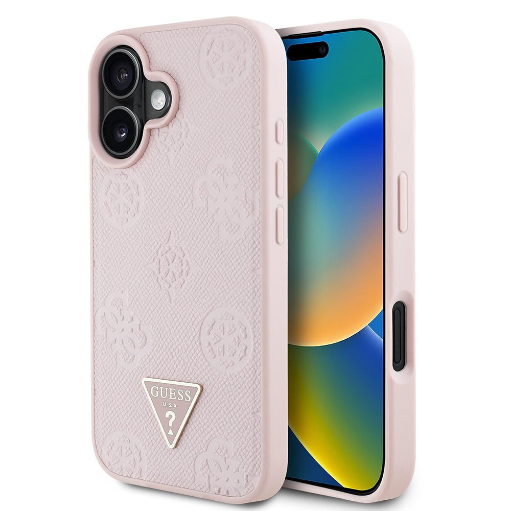 iPhone 16 Kılıf Guess Orjinal Lisanslı M-safe Şarj Özellikli Sıcak Baskılı Üçgen Logolu PU Deri Peony Kapak