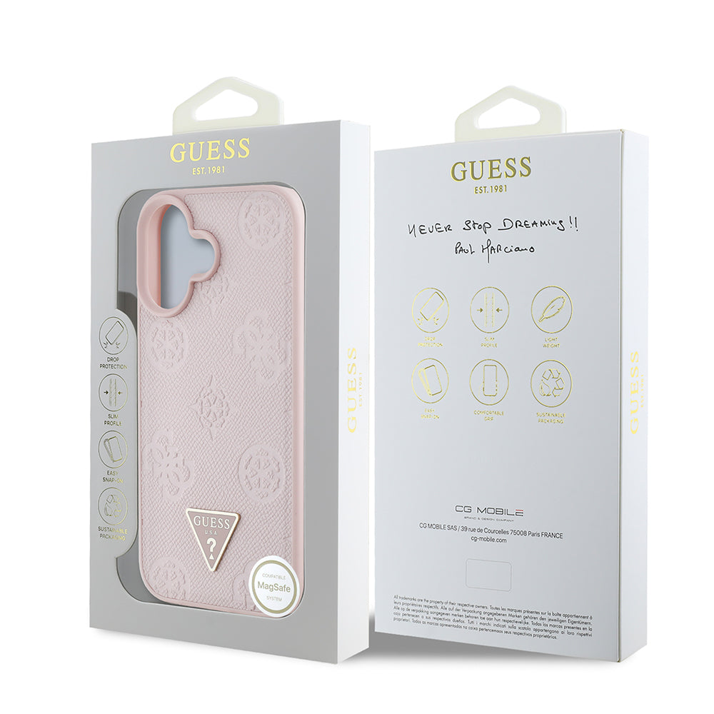 iPhone 16 Kılıf Guess Orjinal Lisanslı M-safe Şarj Özellikli Sıcak Baskılı Üçgen Logolu PU Deri Peony Kapak