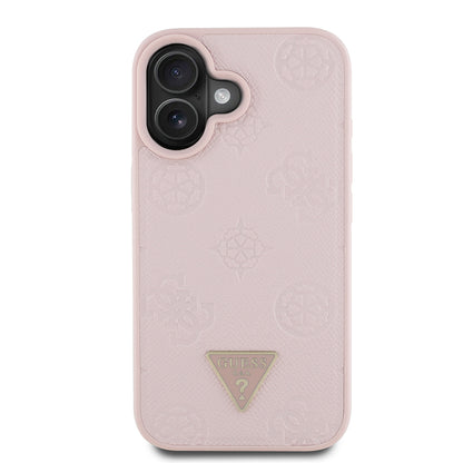 iPhone 16 Kılıf Guess Orjinal Lisanslı M-safe Şarj Özellikli Sıcak Baskılı Üçgen Logolu PU Deri Peony Kapak