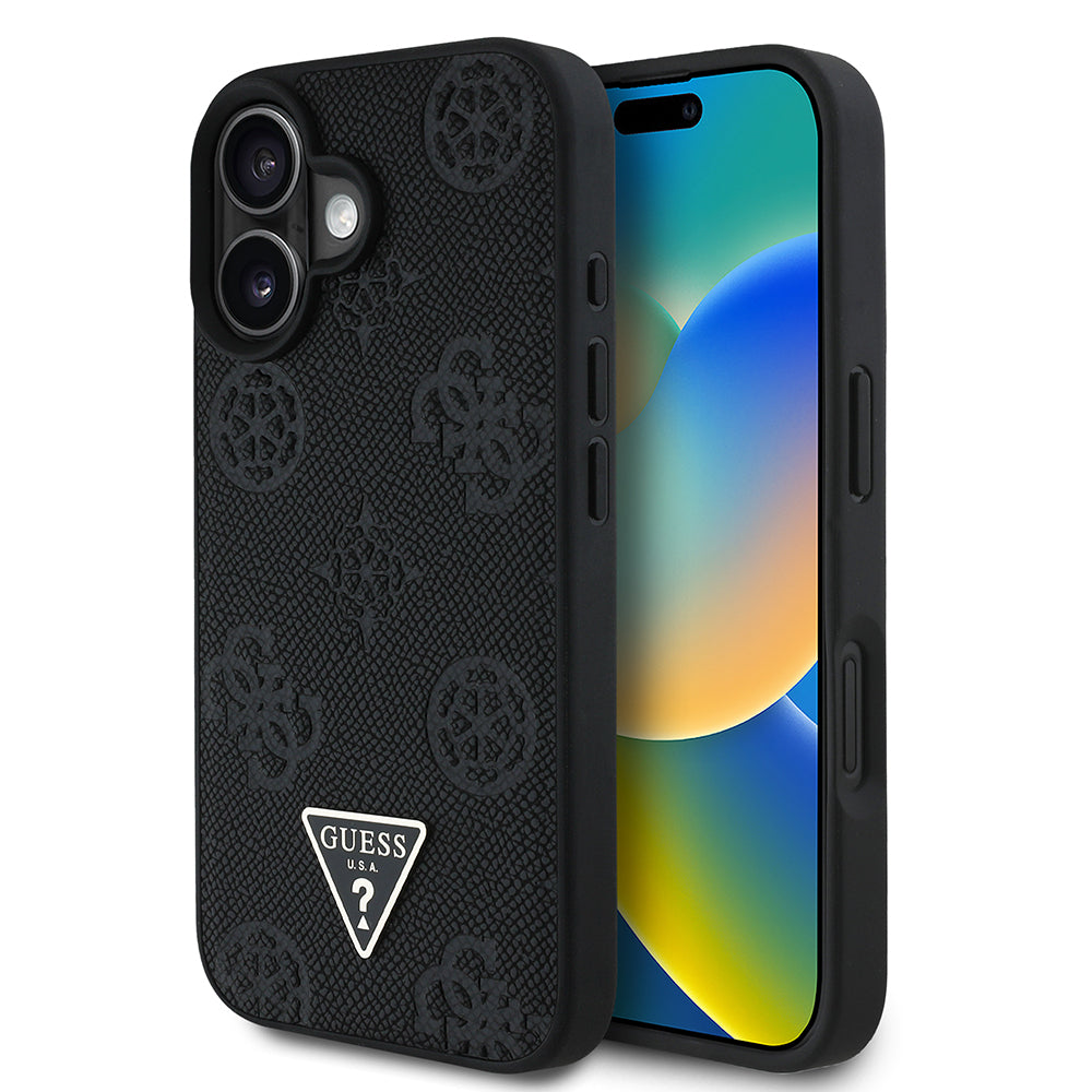 iPhone 16 Kılıf Guess Orjinal Lisanslı M-safe Şarj Özellikli Sıcak Baskılı Üçgen Logolu PU Deri Peony Kapak
