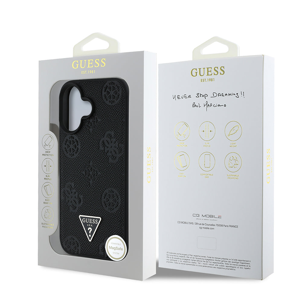 iPhone 16 Kılıf Guess Orjinal Lisanslı M-safe Şarj Özellikli Sıcak Baskılı Üçgen Logolu PU Deri Peony Kapak