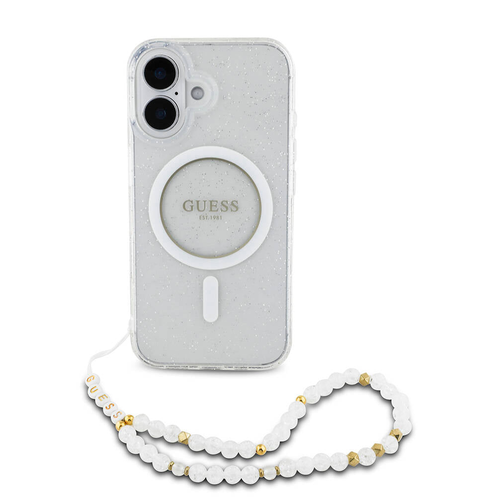 iPhone 16 Kılıf Guess Orjinal Lisanslı M-safe Şarj Özellikli Simli Silikon İnci Bileklikli Kapak