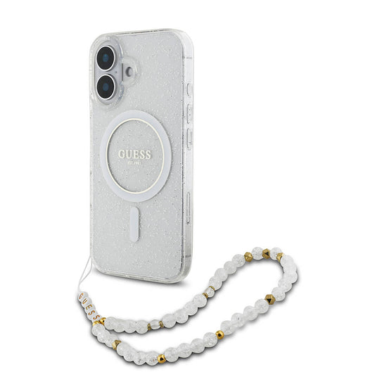 iPhone 16 Kılıf Guess Orjinal Lisanslı M-safe Şarj Özellikli Simli Silikon İnci Bileklikli Kapak