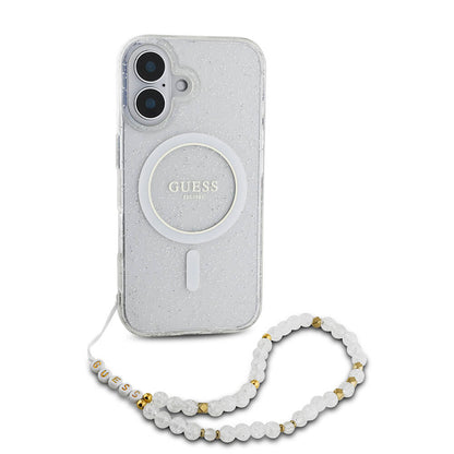 iPhone 16 Kılıf Guess Orjinal Lisanslı M-safe Şarj Özellikli Simli Silikon İnci Bileklikli Kapak