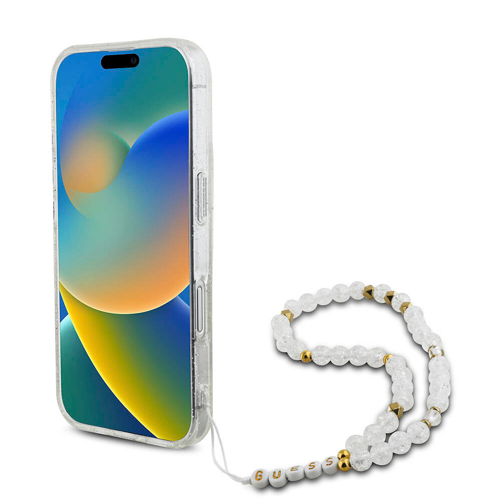 iPhone 16 Kılıf Guess Orjinal Lisanslı M-safe Şarj Özellikli Simli Silikon İnci Bileklikli Kapak