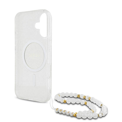 iPhone 16 Kılıf Guess Orjinal Lisanslı M-safe Şarj Özellikli Simli Silikon İnci Bileklikli Kapak