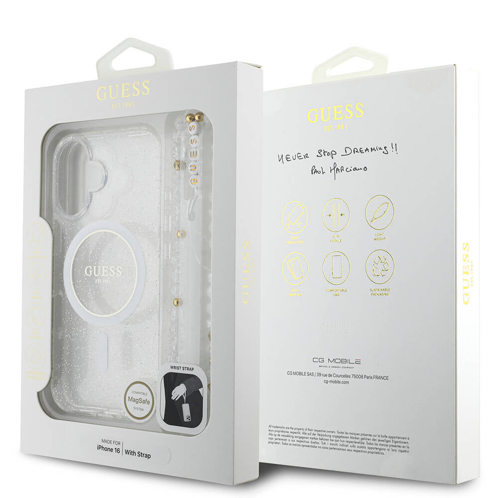 iPhone 16 Kılıf Guess Orjinal Lisanslı M-safe Şarj Özellikli Simli Silikon İnci Bileklikli Kapak