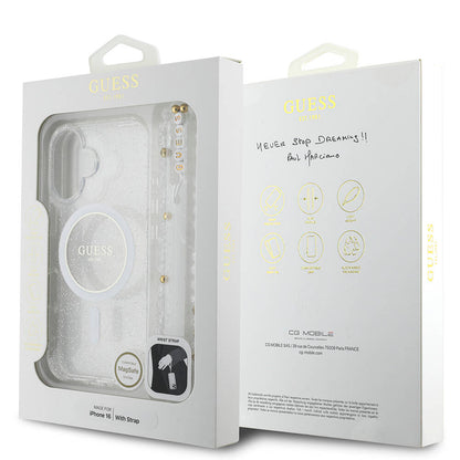 iPhone 16 Kılıf Guess Orjinal Lisanslı M-safe Şarj Özellikli Simli Silikon İnci Bileklikli Kapak