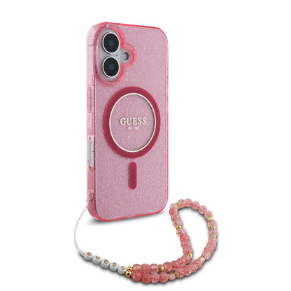 iPhone 16 Kılıf Guess Orjinal Lisanslı M-safe Şarj Özellikli Simli Silikon İnci Bileklikli Kapak