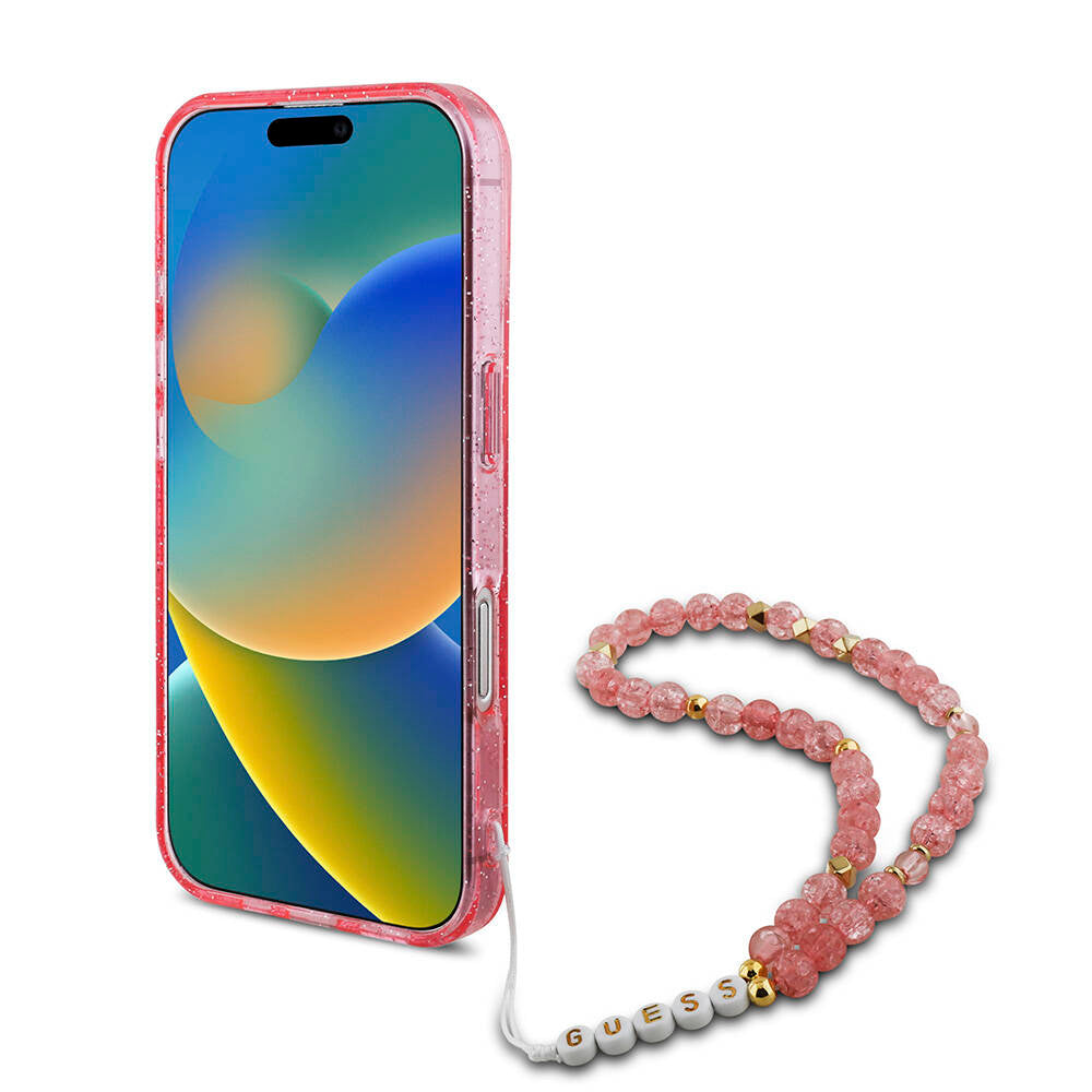 iPhone 16 Kılıf Guess Orjinal Lisanslı M-safe Şarj Özellikli Simli Silikon İnci Bileklikli Kapak