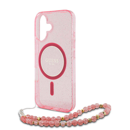 iPhone 16 Kılıf Guess Orjinal Lisanslı M-safe Şarj Özellikli Simli Silikon İnci Bileklikli Kapak