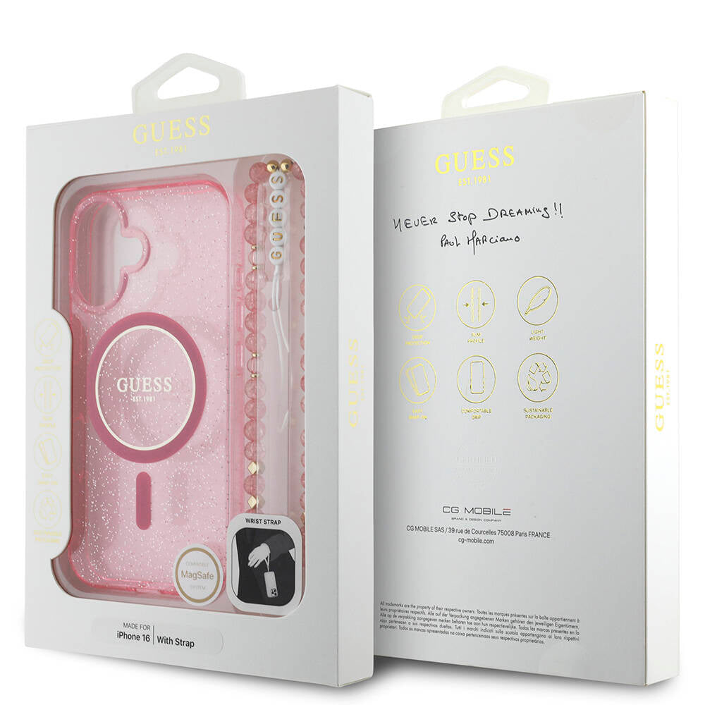 iPhone 16 Kılıf Guess Orjinal Lisanslı M-safe Şarj Özellikli Simli Silikon İnci Bileklikli Kapak