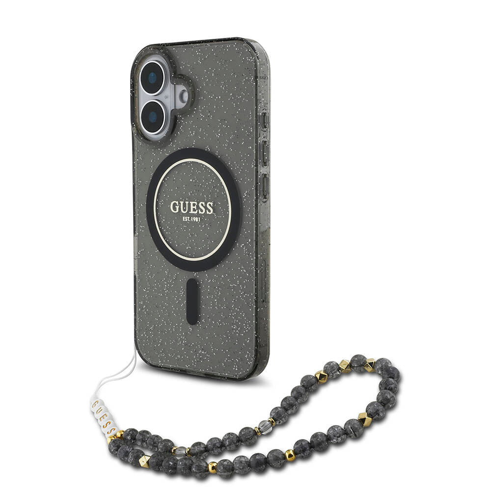 iPhone 16 Kılıf Guess Orjinal Lisanslı M-safe Şarj Özellikli Simli Silikon İnci Bileklikli Kapak