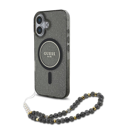 iPhone 16 Kılıf Guess Orjinal Lisanslı M-safe Şarj Özellikli Simli Silikon İnci Bileklikli Kapak