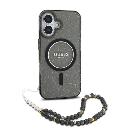 iPhone 16 Kılıf Guess Orjinal Lisanslı M-safe Şarj Özellikli Simli Silikon İnci Bileklikli Kapak