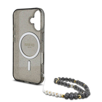iPhone 16 Kılıf Guess Orjinal Lisanslı M-safe Şarj Özellikli Simli Silikon İnci Bileklikli Kapak