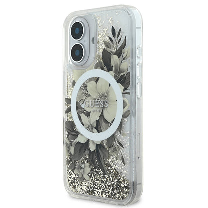 iPhone 16 Kılıf Guess Orjinal Lisanslı M-safe Şarj Özellikli Sıvılı Simli Çiçek Desenli Kapak