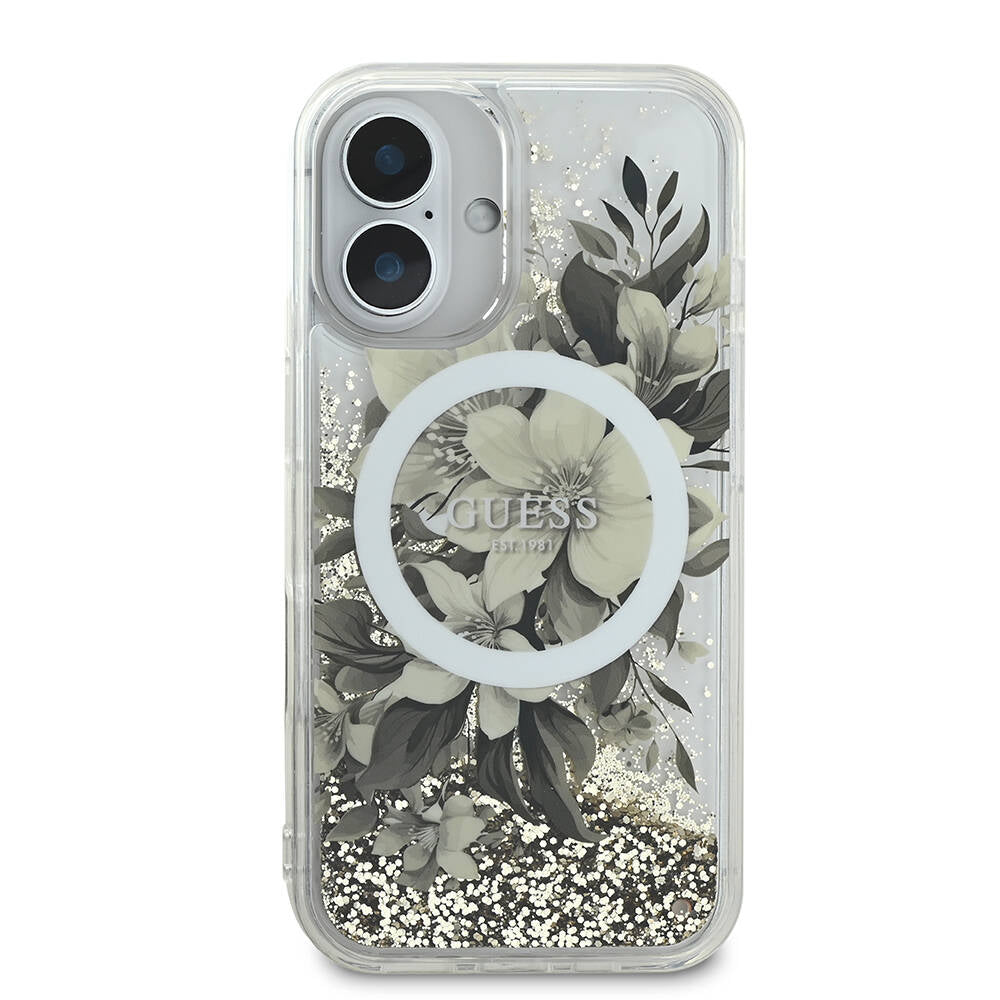 iPhone 16 Kılıf Guess Orjinal Lisanslı M-safe Şarj Özellikli Sıvılı Simli Çiçek Desenli Kapak