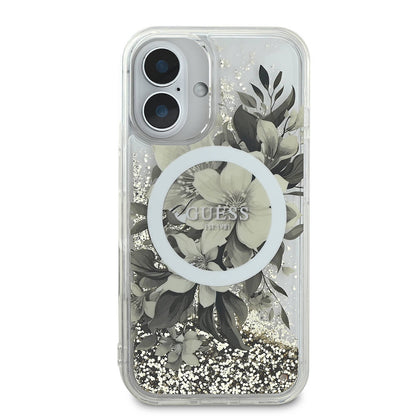 iPhone 16 Kılıf Guess Orjinal Lisanslı M-safe Şarj Özellikli Sıvılı Simli Çiçek Desenli Kapak